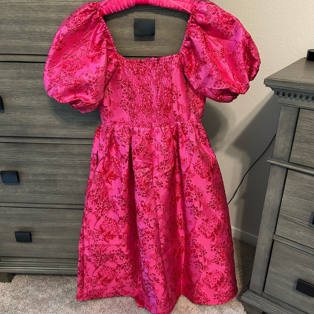 Sugarlips Pink Jacquard Puff-Sleeve Midi Dress - Picture 3 of 7